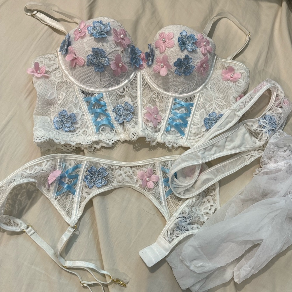 white blue and pink floral corset/bustier lingerie set